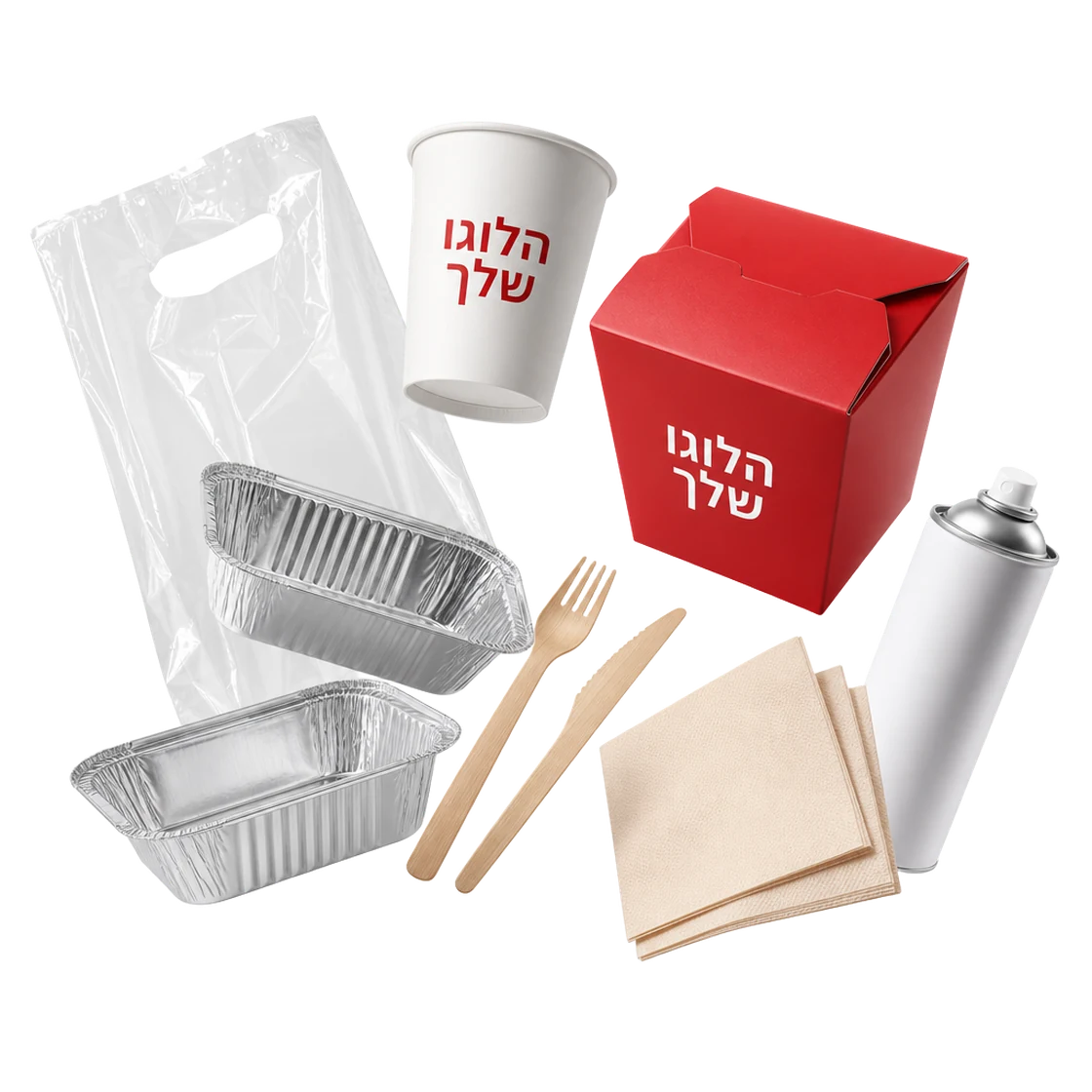 מגוון מוצרי אריזה וכלים חד-פעמיים עם אפשרות להדפסת לוגו של O&B